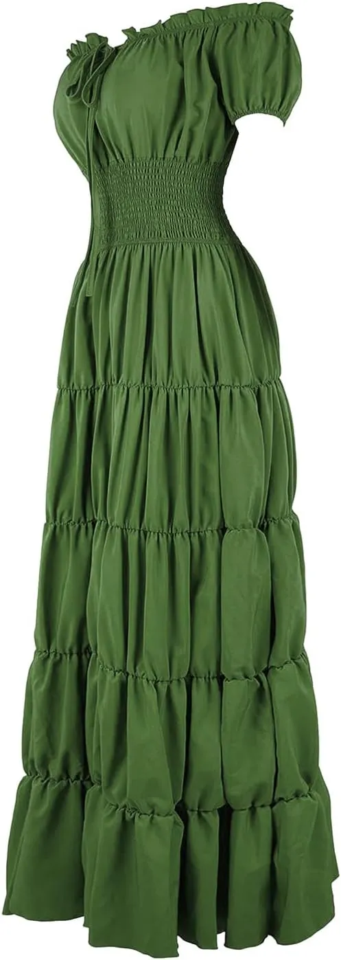 Womens Renaissance Costume Dress Medieval Square Neck Short Puff Sleeve Midi Dress Smocked Flowy Tiered Dresses