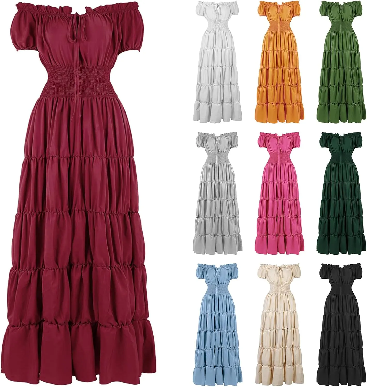 Womens Renaissance Costume Dress Medieval Square Neck Short Puff Sleeve Midi Dress Smocked Flowy Tiered Dresses