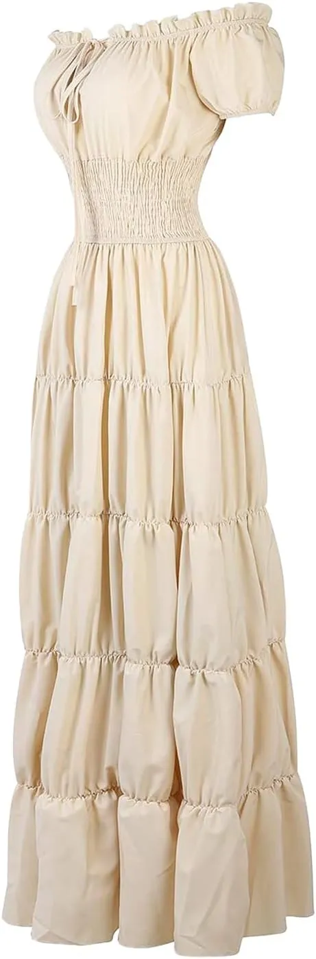 Womens Renaissance Costume Dress Medieval Square Neck Short Puff Sleeve Midi Dress Smocked Flowy Tiered Dresses