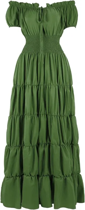 Womens Renaissance Costume Dress Medieval Square Neck Short Puff Sleeve Midi Dress Smocked Flowy Tiered Dresses