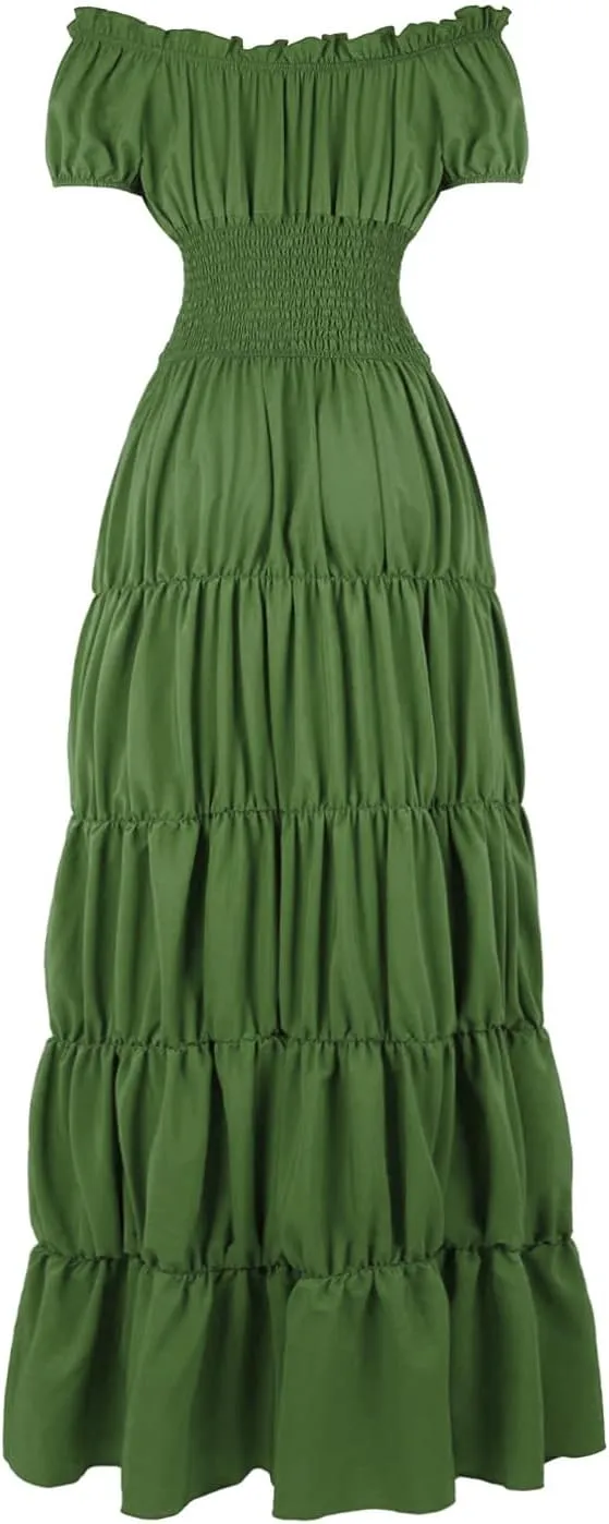 Womens Renaissance Costume Dress Medieval Square Neck Short Puff Sleeve Midi Dress Smocked Flowy Tiered Dresses