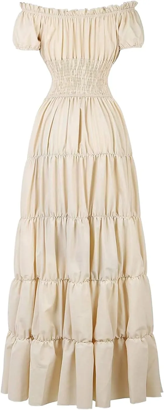 Womens Renaissance Costume Dress Medieval Square Neck Short Puff Sleeve Midi Dress Smocked Flowy Tiered Dresses