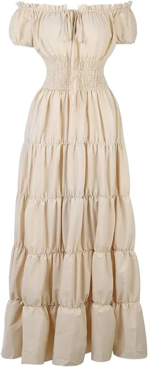 Womens Renaissance Costume Dress Medieval Square Neck Short Puff Sleeve Midi Dress Smocked Flowy Tiered Dresses
