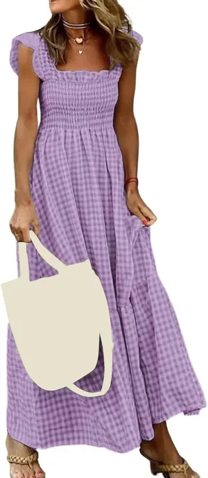Women's Retro Plaid Smocked Dress Casual Summer Spaghetti Strap Square Neck Maxi Dress Flowy A-Line Long Beach Sundress