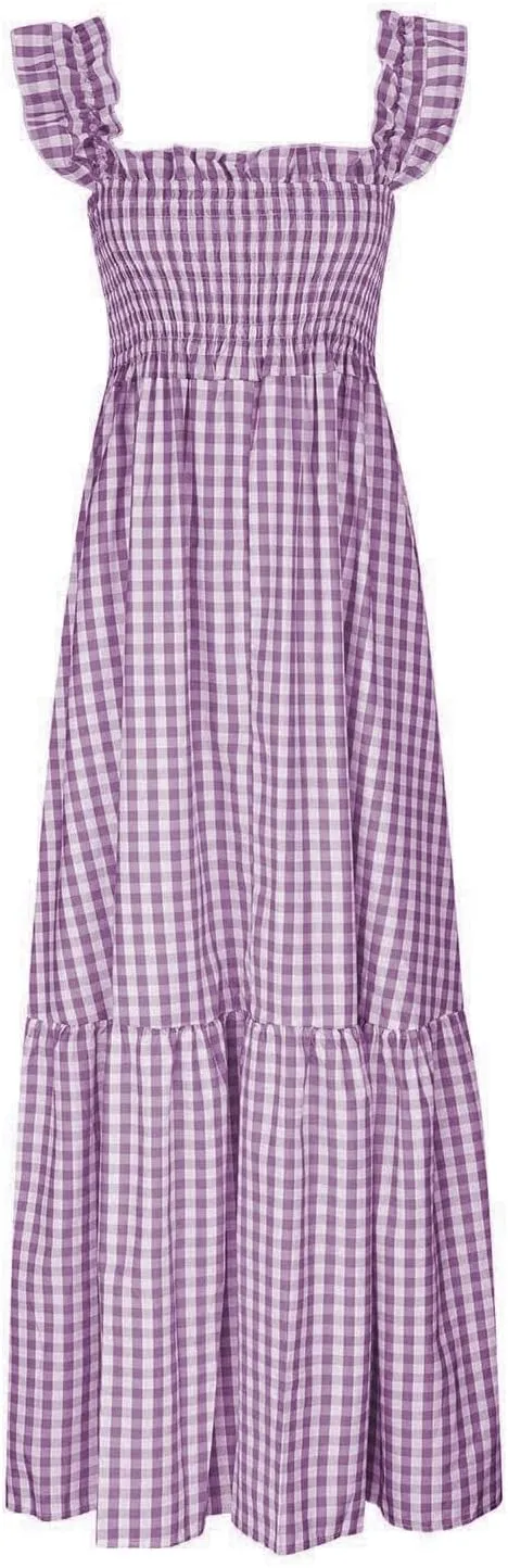 Women's Retro Plaid Smocked Dress Casual Summer Spaghetti Strap Square Neck Maxi Dress Flowy A-Line Long Beach Sundress