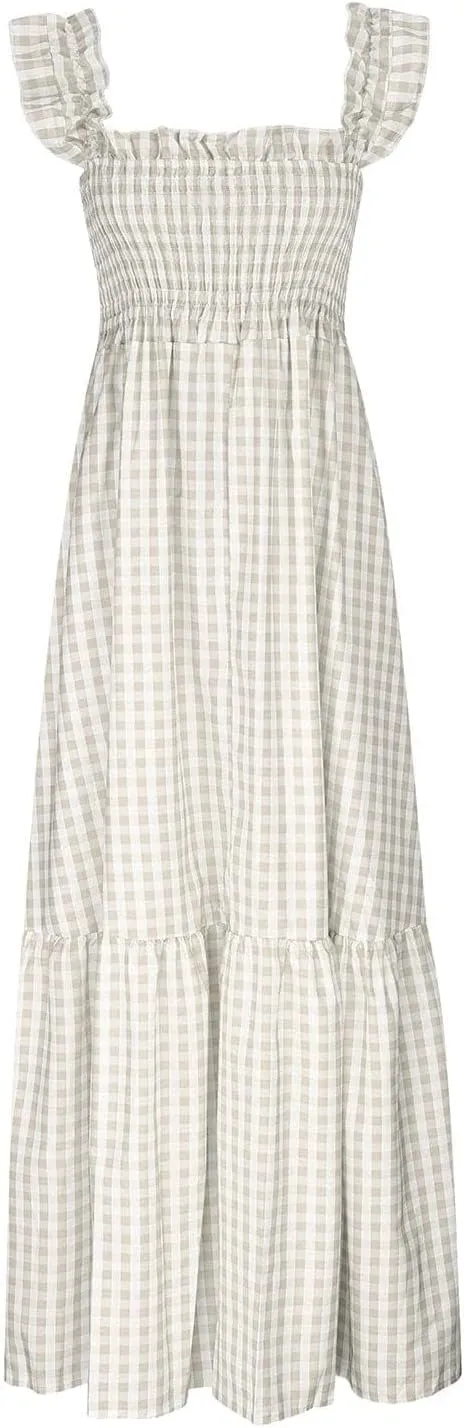 Women's Retro Plaid Smocked Dress Casual Summer Spaghetti Strap Square Neck Maxi Dress Flowy A-Line Long Beach Sundress