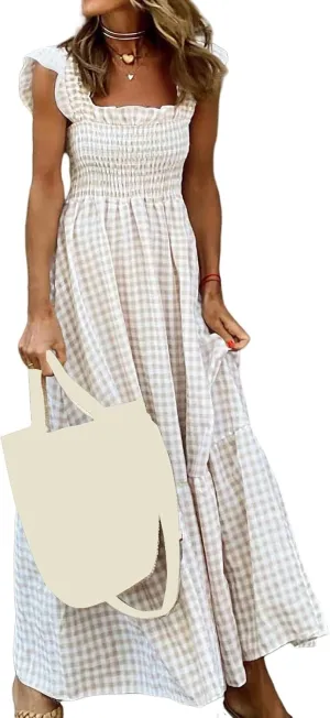 Women's Retro Plaid Smocked Dress Casual Summer Spaghetti Strap Square Neck Maxi Dress Flowy A-Line Long Beach Sundress