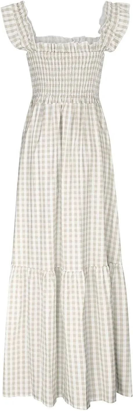 Women's Retro Plaid Smocked Dress Casual Summer Spaghetti Strap Square Neck Maxi Dress Flowy A-Line Long Beach Sundress