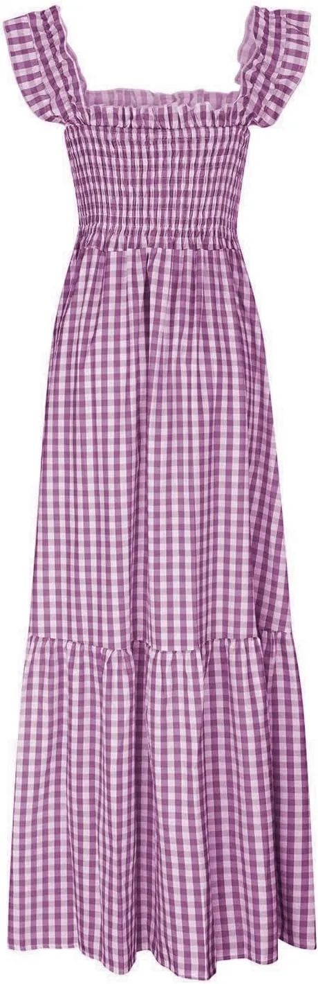 Women's Retro Plaid Smocked Dress Casual Summer Spaghetti Strap Square Neck Maxi Dress Flowy A-Line Long Beach Sundress