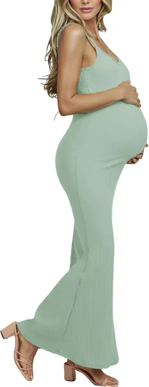 Women's Ribbed Spaghetti Strap Maternity Dress Elegant Slip Sleeveless Bodycon Maxi Pregnancy Dresses