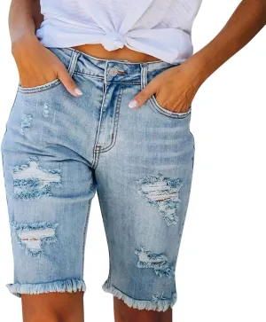 Womens Ripped Stretchy Long Jean Shorts Mid Rise Frayed Cut Off High Waisted Distressed Knee Length Bermuda Shorts