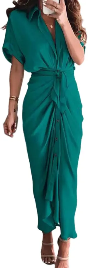 Womens Ruched Shirt Dresses Elegant Button Down Dress Summer Lapel V Neck Short Sleeve Maxi Dresses with Belt