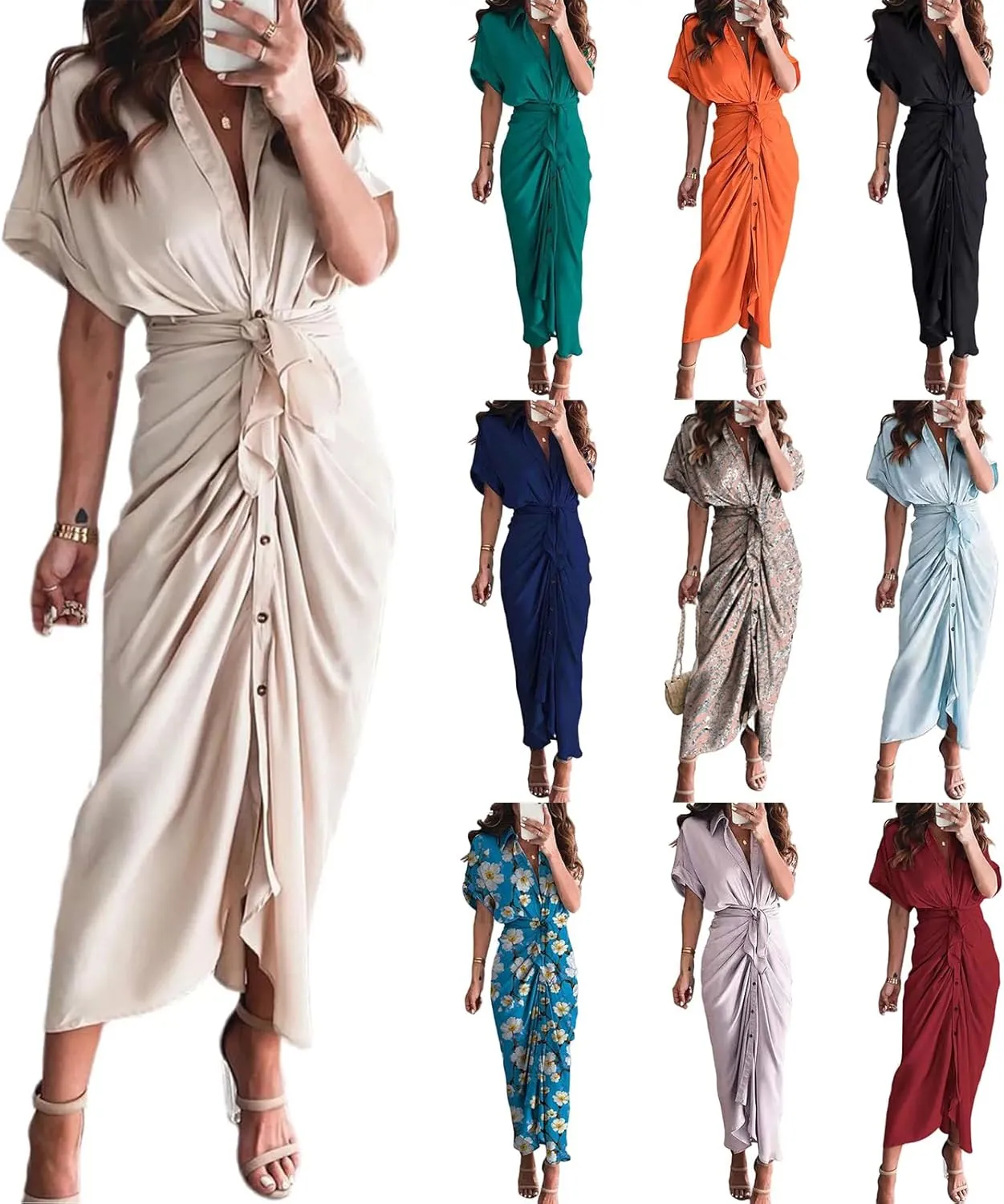 Womens Ruched Shirt Dresses Elegant Button Down Dress Summer Lapel V Neck Short Sleeve Maxi Dresses with Belt
