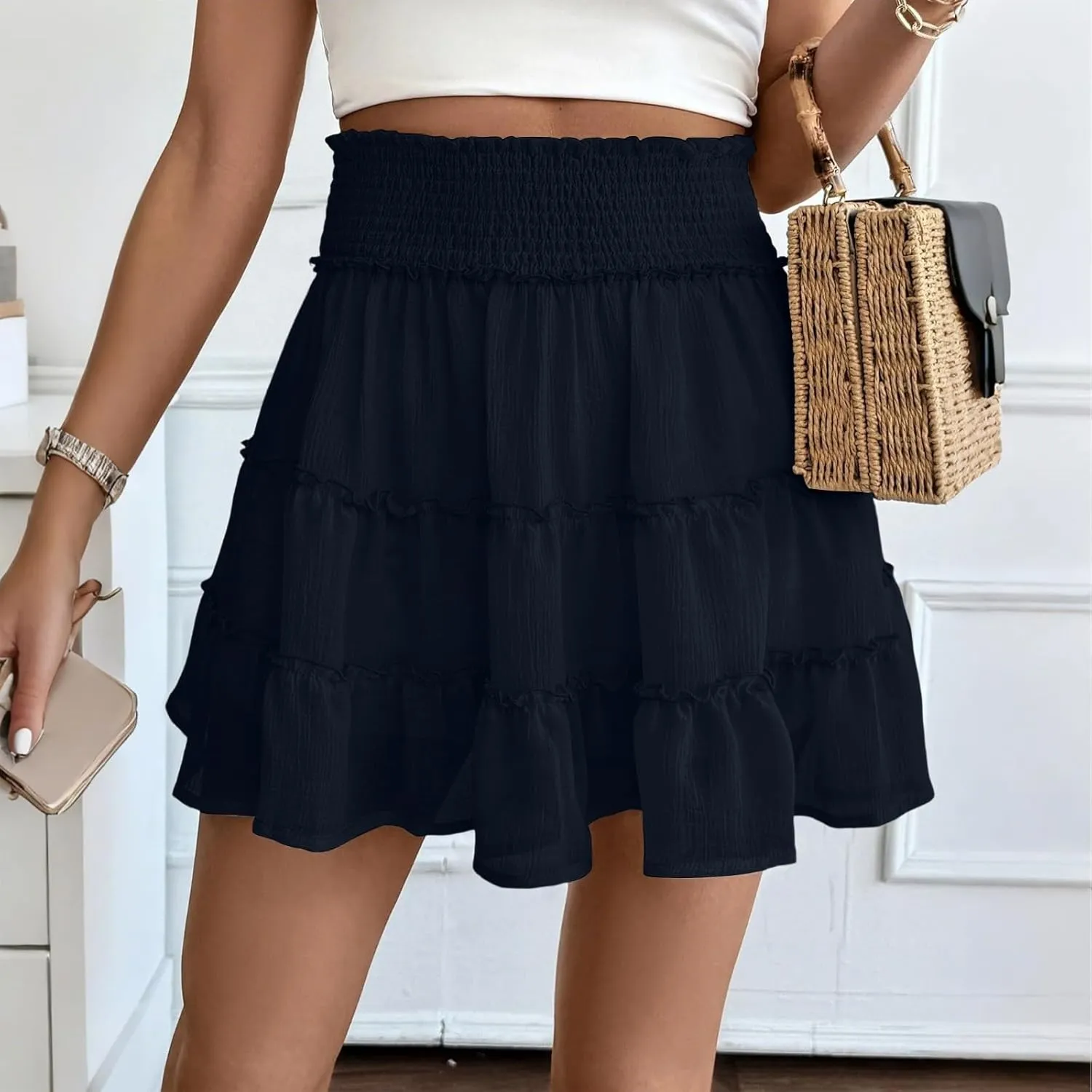 Women's Skater Skirt Basic Casual Chiffon High Waisted Ruffles Pleated Swing Mini Skirts, S-2XL