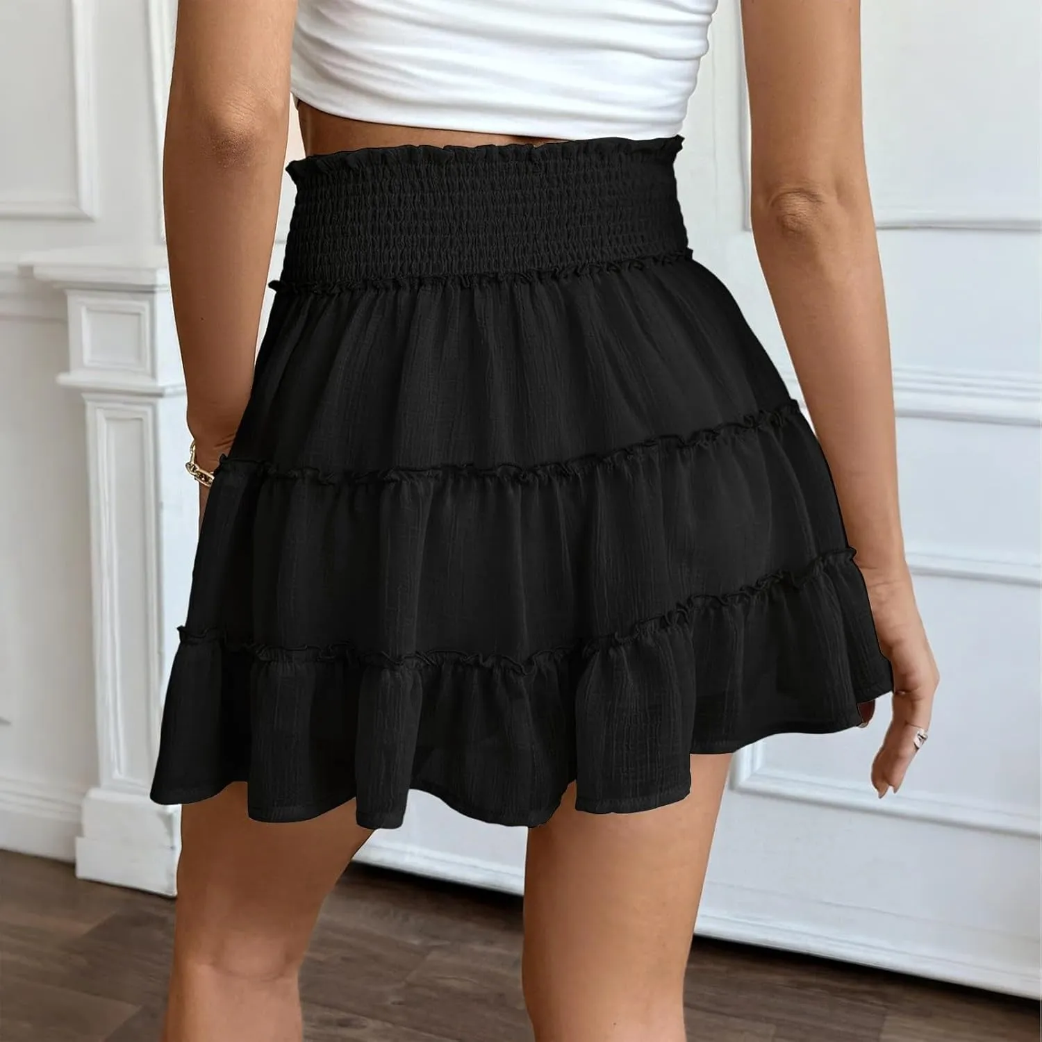 Women's Skater Skirt Basic Casual Chiffon High Waisted Ruffles Pleated Swing Mini Skirts, S-2XL