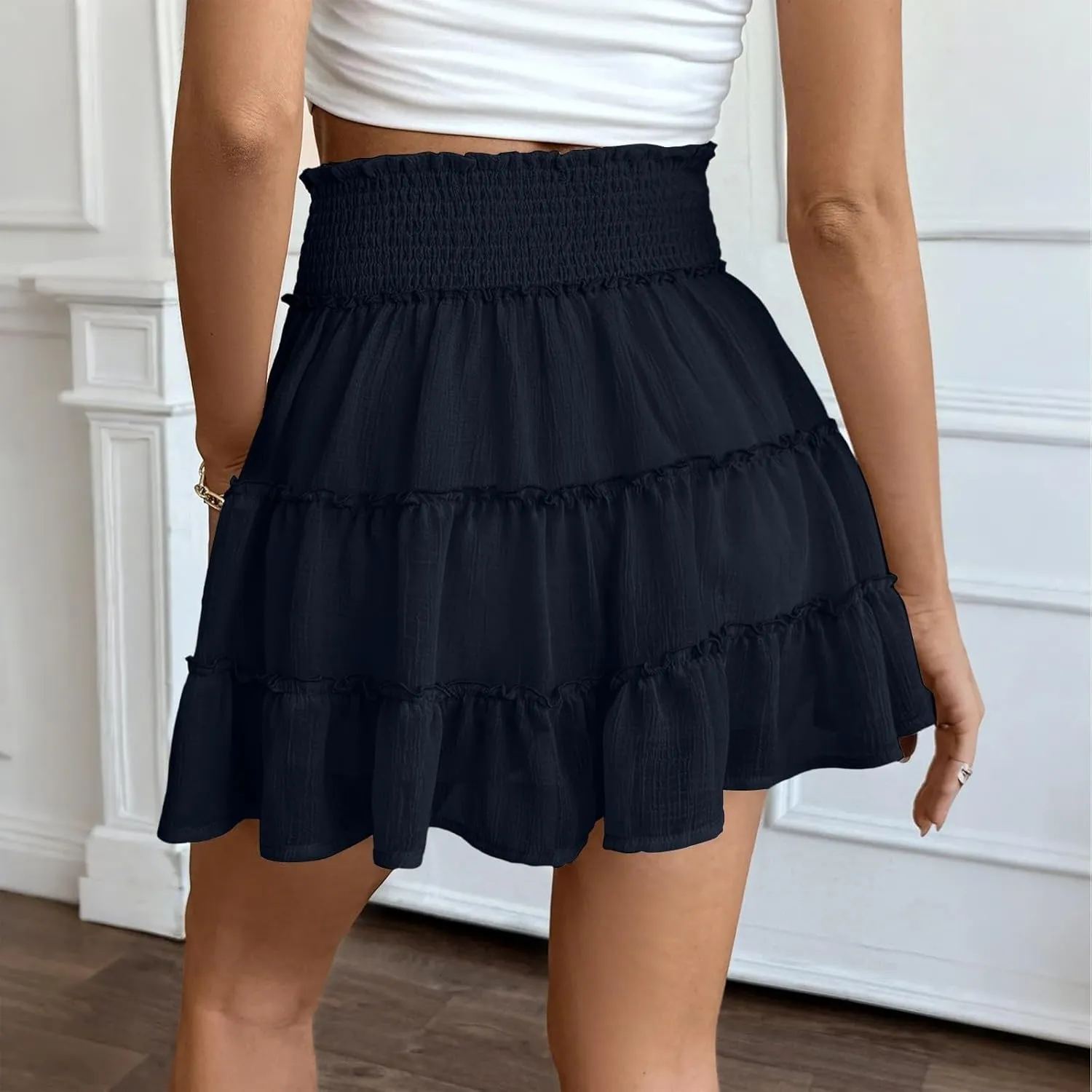 Women's Skater Skirt Basic Casual Chiffon High Waisted Ruffles Pleated Swing Mini Skirts, S-2XL