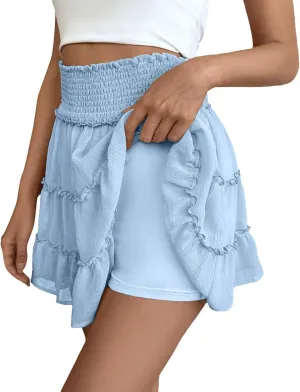 Women's Skater Skirt Basic Casual Chiffon High Waisted Ruffles Pleated Swing Mini Skirts, S-2XL