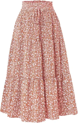 Women's Skirts 2025 Solid Lightweight Ruched Tiered Flare Swing Midi Skirt, S-XL