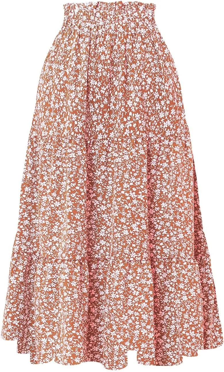 Women's Skirts 2025 Solid Lightweight Ruched Tiered Flare Swing Midi Skirt, S-XL