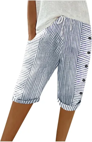Womens Stripe Print Shorts Summer Knee-Length Casual Bermuda Shorts Lounge Shorts Elastic Waist Side Button Shorts