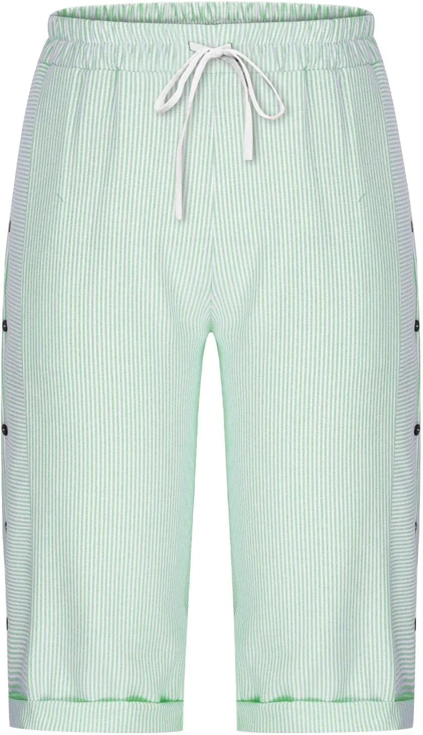 Womens Stripe Print Shorts Summer Knee-Length Casual Bermuda Shorts Lounge Shorts Elastic Waist Side Button Shorts