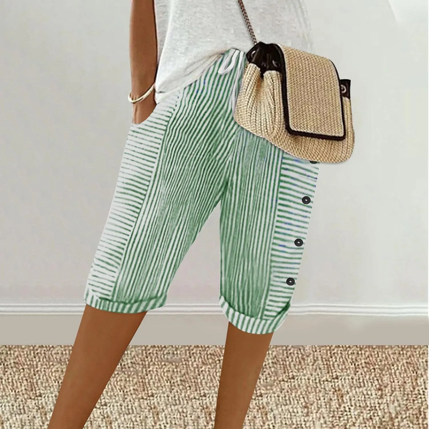 Womens Stripe Print Shorts Summer Knee-Length Casual Bermuda Shorts Lounge Shorts Elastic Waist Side Button Shorts