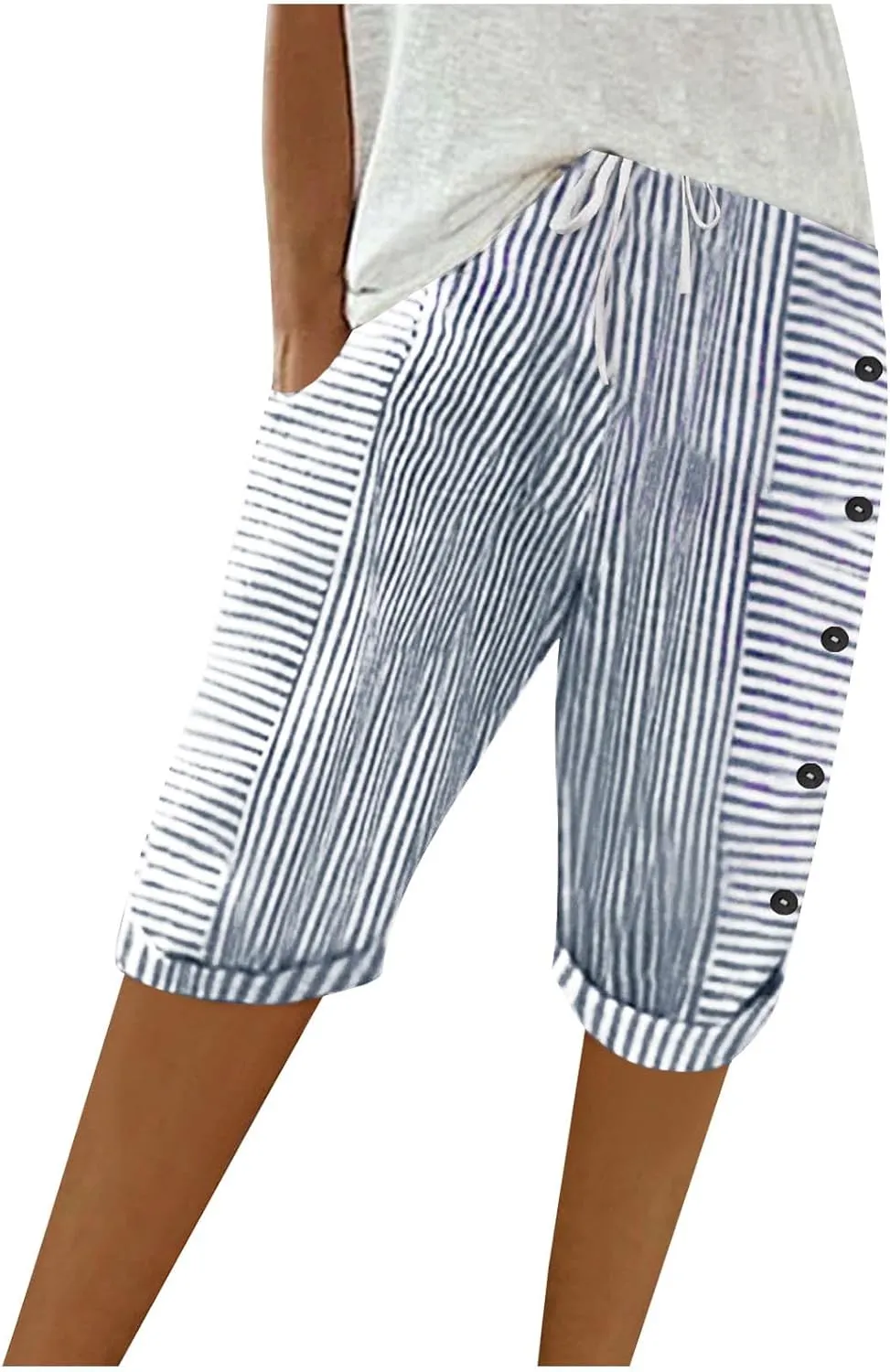 Womens Stripe Print Shorts Summer Knee-Length Casual Bermuda Shorts Lounge Shorts Elastic Waist Side Button Shorts