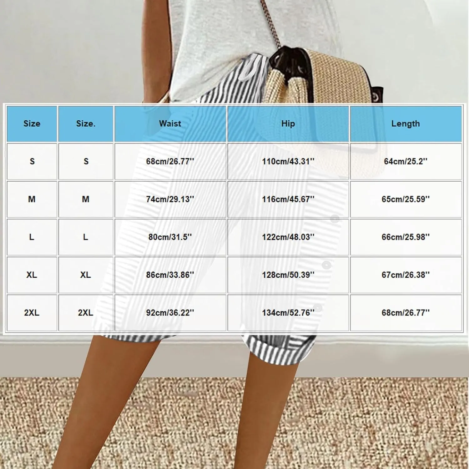 Womens Stripe Print Shorts Summer Knee-Length Casual Bermuda Shorts Lounge Shorts Elastic Waist Side Button Shorts