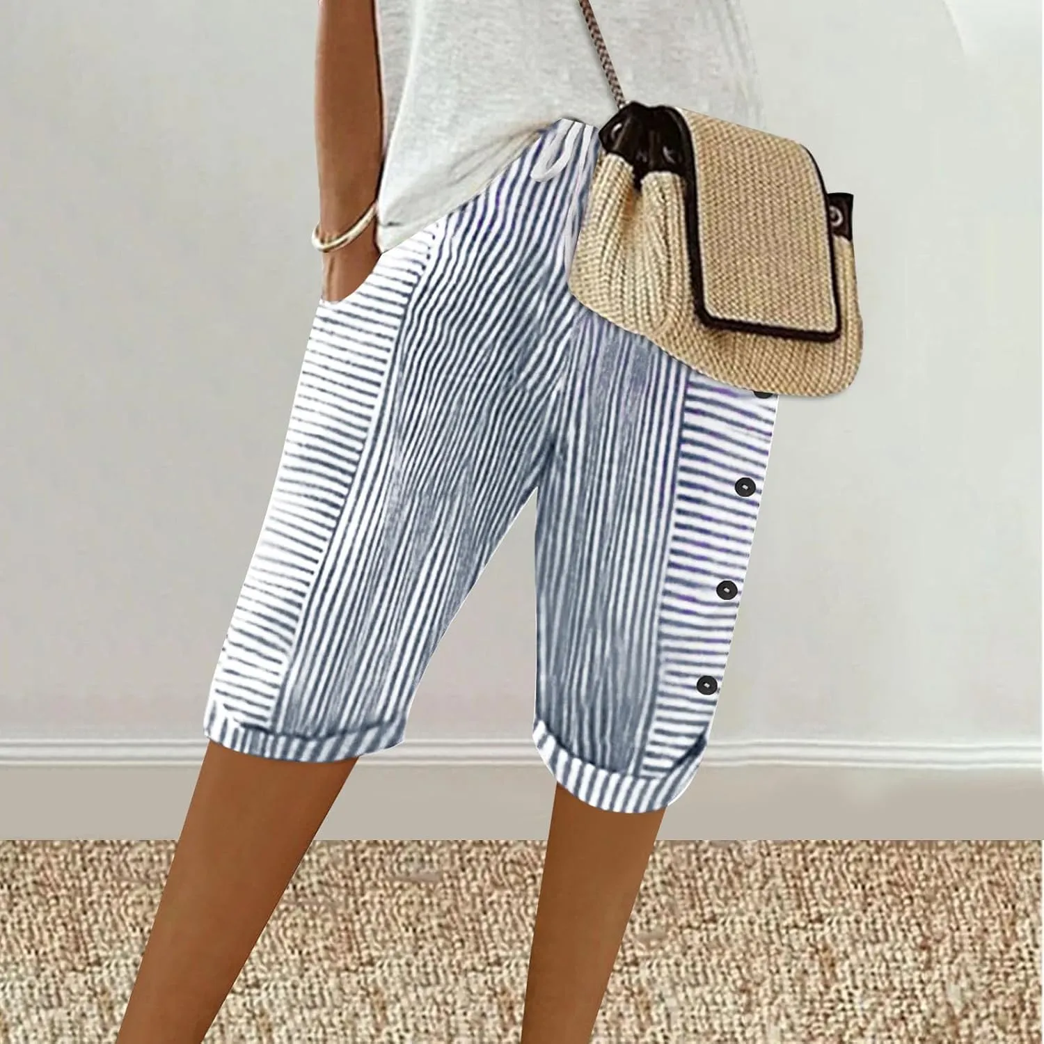 Womens Stripe Print Shorts Summer Knee-Length Casual Bermuda Shorts Lounge Shorts Elastic Waist Side Button Shorts