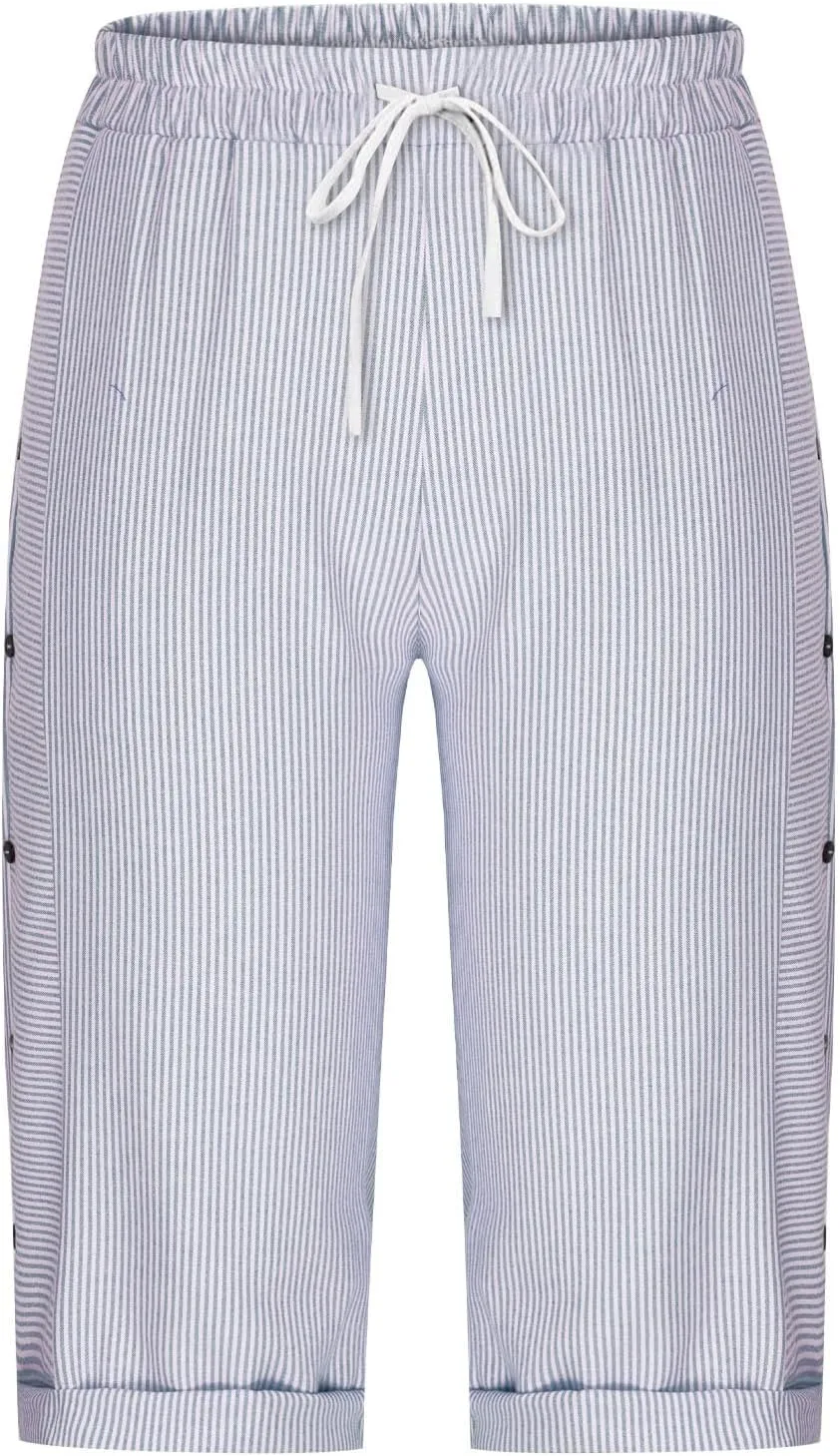 Womens Stripe Print Shorts Summer Knee-Length Casual Bermuda Shorts Lounge Shorts Elastic Waist Side Button Shorts