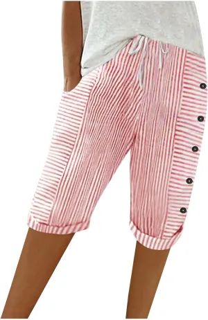 Womens Stripe Print Shorts Summer Knee-Length Casual Bermuda Shorts Lounge Shorts Elastic Waist Side Button Shorts