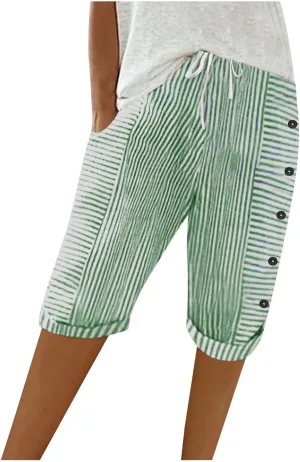 Womens Stripe Print Shorts Summer Knee-Length Casual Bermuda Shorts Lounge Shorts Elastic Waist Side Button Shorts
