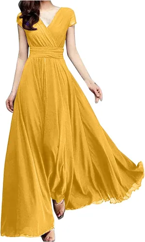 Womens Summer Chiffon Short Slit Sleeve V Neck Ruffled Wrap Wedding Bridesmaid Long Maxi Dresses for Women Summer