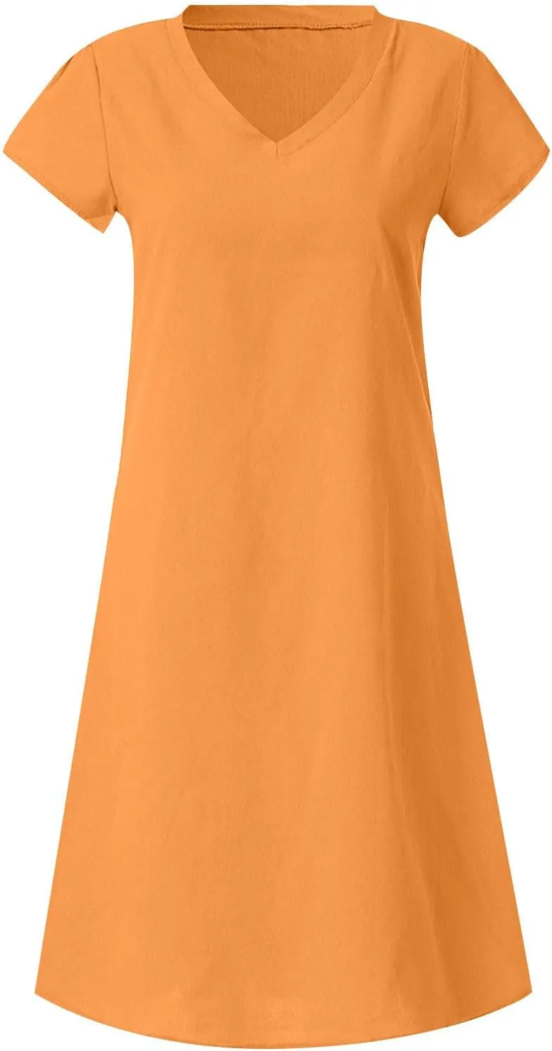 Womens Summer Cotton Linen Dress Loose Casual Short Sleeve V-Neck T-Shirt Dresses Beach Vacation Plus Size Dress