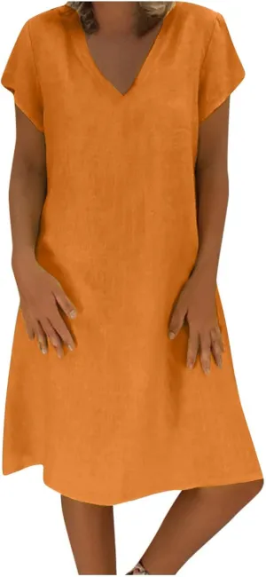 Womens Summer Cotton Linen Dress Loose Casual Short Sleeve V-Neck T-Shirt Dresses Beach Vacation Plus Size Dress