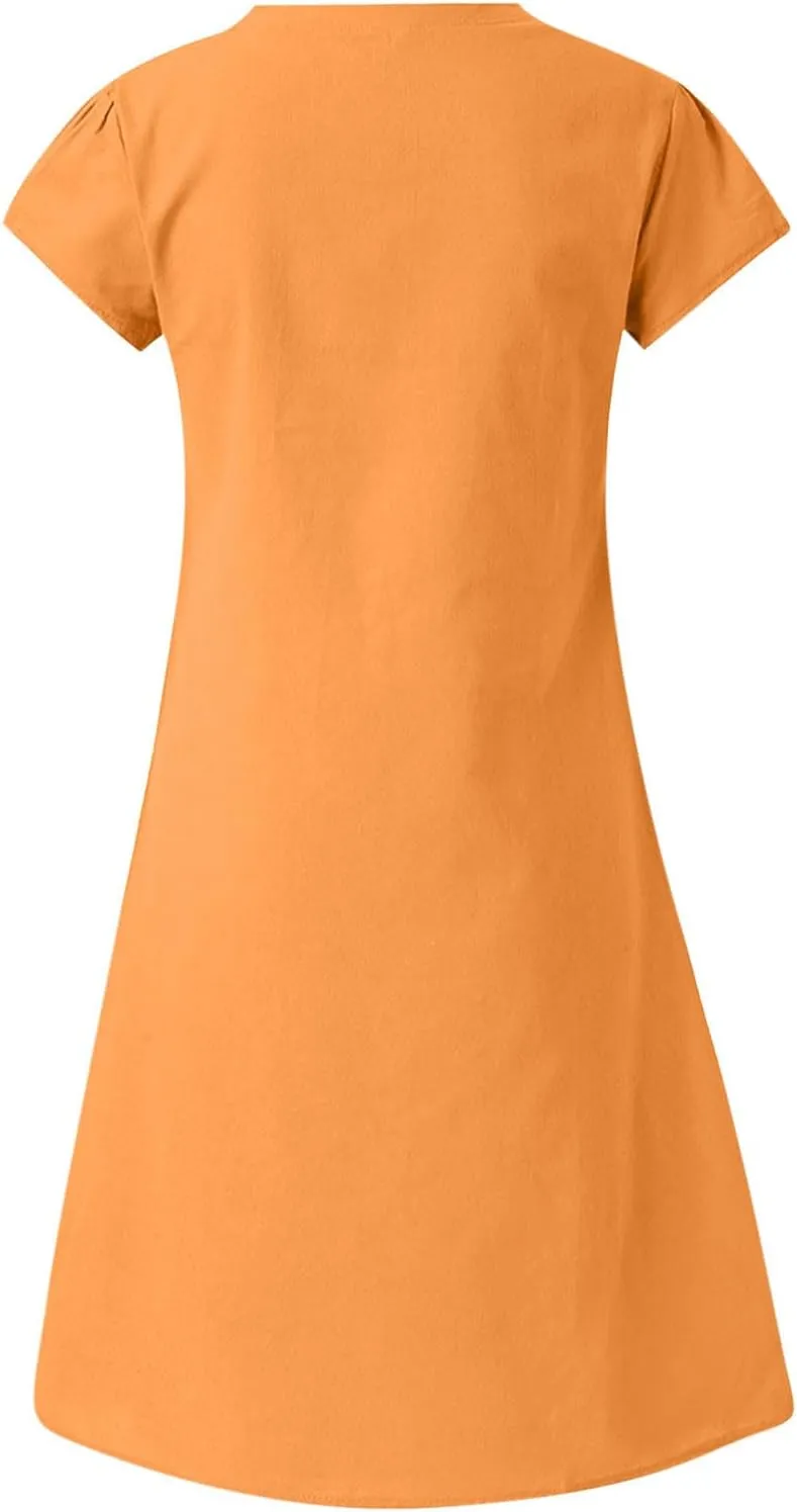 Womens Summer Cotton Linen Dress Loose Casual Short Sleeve V-Neck T-Shirt Dresses Beach Vacation Plus Size Dress