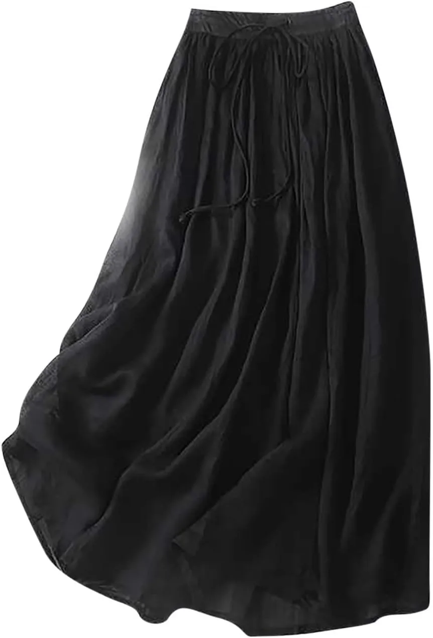 Women's Summer Cotton Linen Skirts Casual Tie Waist A-Line Long Flowy Skirt with Pockets Soft Lightweight Beach Skirt