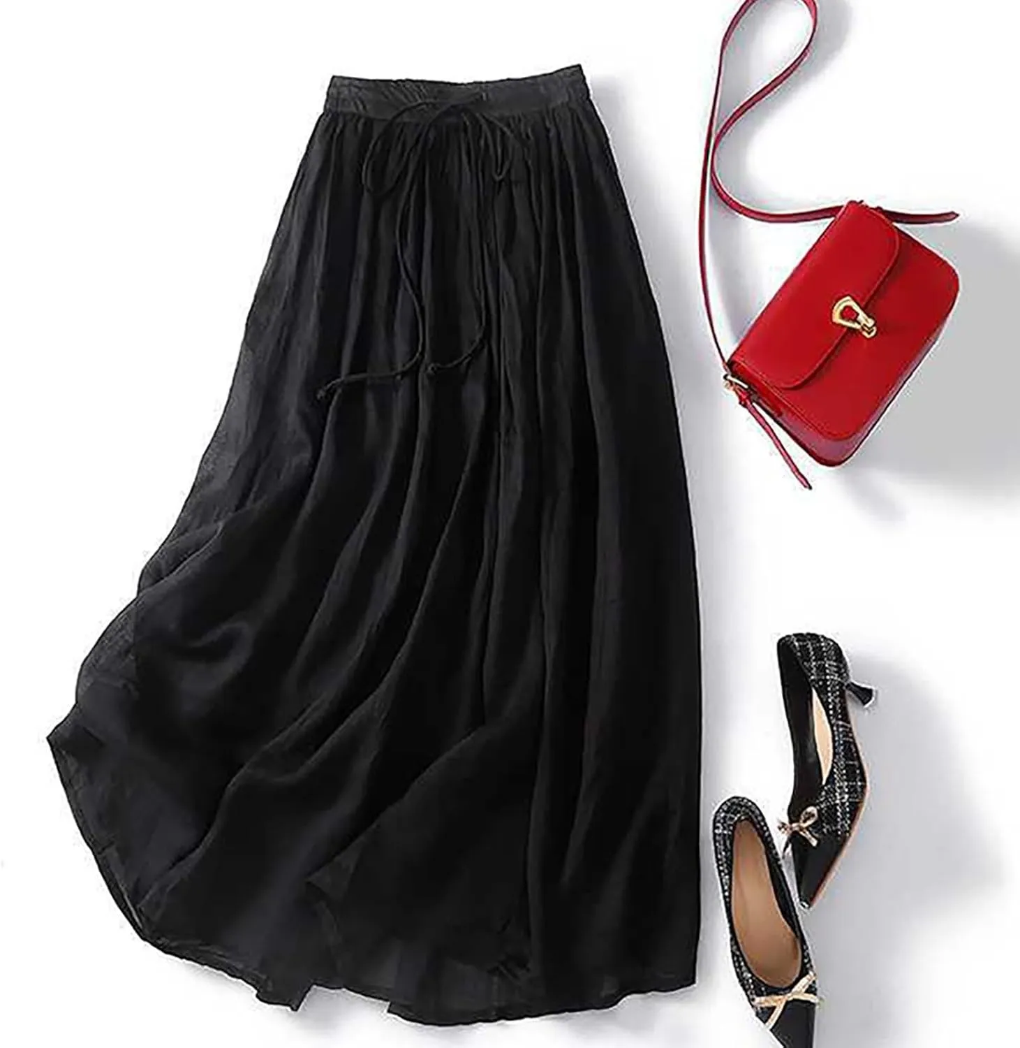 Women's Summer Cotton Linen Skirts Casual Tie Waist A-Line Long Flowy Skirt with Pockets Soft Lightweight Beach Skirt