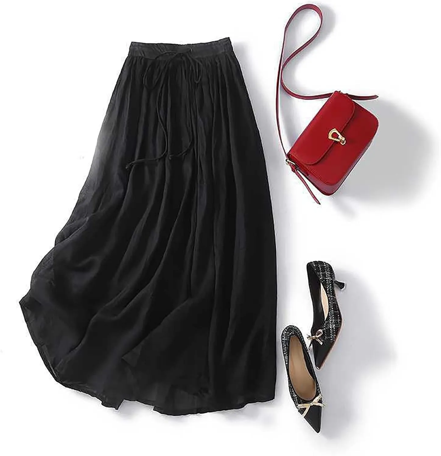 Women's Summer Cotton Linen Skirts Casual Tie Waist A-Line Long Flowy Skirt with Pockets Soft Lightweight Beach Skirt