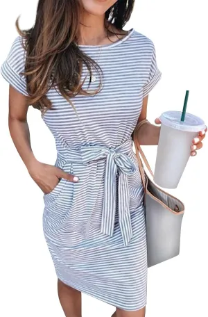 Women's Summer Dresses 2025 Trendy Crewneck Short Sleeve Midi T Shirt Dress Tie Waist Striped Tunic Dress with Pocket