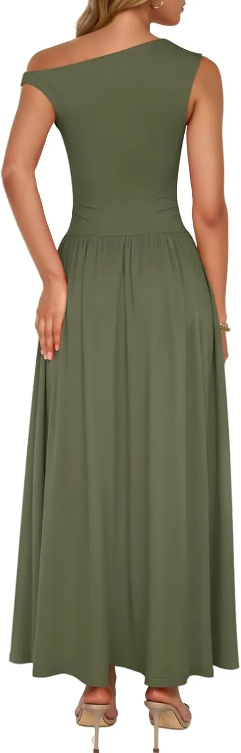 Women's Summer Maxi Dress One Shoulder Pleated Long Party Dress Slim Fit Flowy Swing Dresses with Pockets