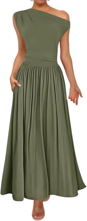 Women's Summer Maxi Dress One Shoulder Pleated Long Party Dress Slim Fit Flowy Swing Dresses with Pockets