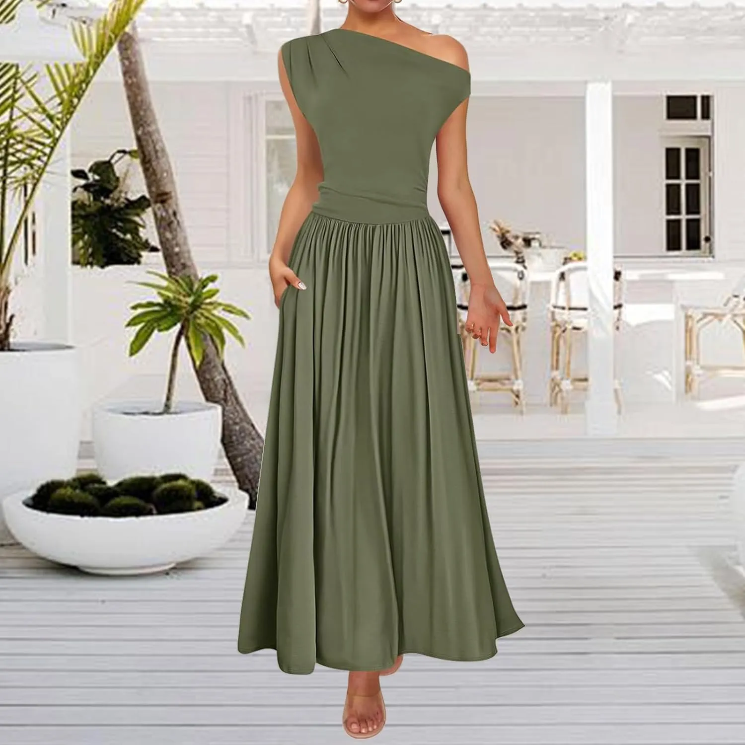 Women's Summer Maxi Dress One Shoulder Pleated Long Party Dress Slim Fit Flowy Swing Dresses with Pockets