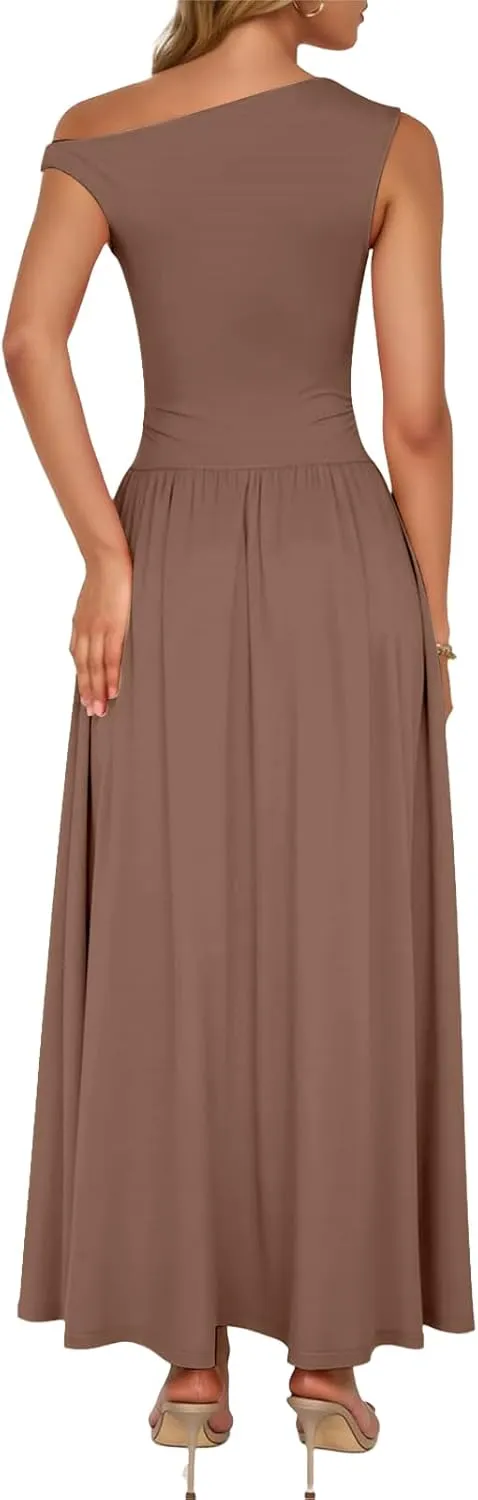 Womens Summer Maxi Dress One Shoulder Sleeveless Pleated Dress Dressy Slim Wedding Guest Long Dresses with Pockets