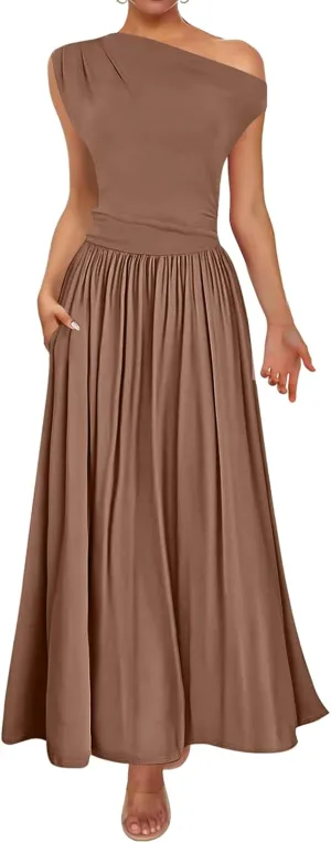 Womens Summer Maxi Dress One Shoulder Sleeveless Pleated Dress Dressy Slim Wedding Guest Long Dresses with Pockets