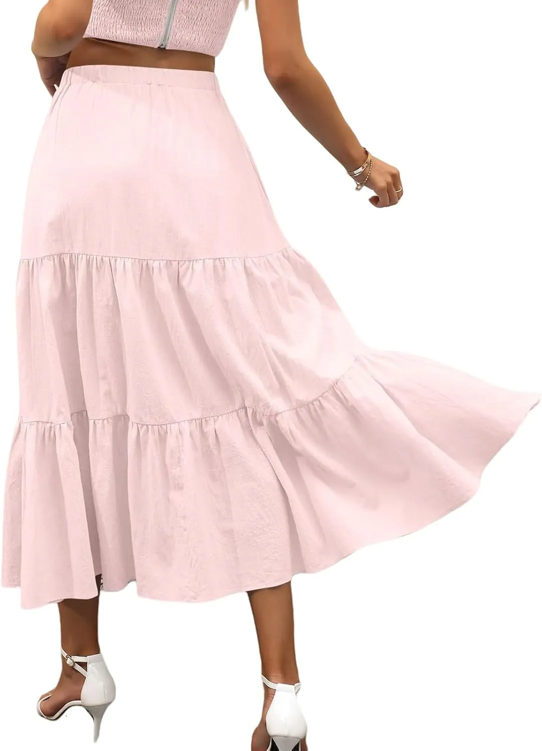 Womens Summer Maxi Skirt High Casual Elastic Waist Flowy Swing Skirts Boho Pleated A-Line Skirt 2025 Fashion