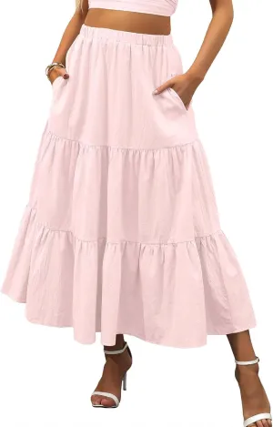 Womens Summer Maxi Skirt High Casual Elastic Waist Flowy Swing Skirts Boho Pleated A-Line Skirt 2025 Fashion