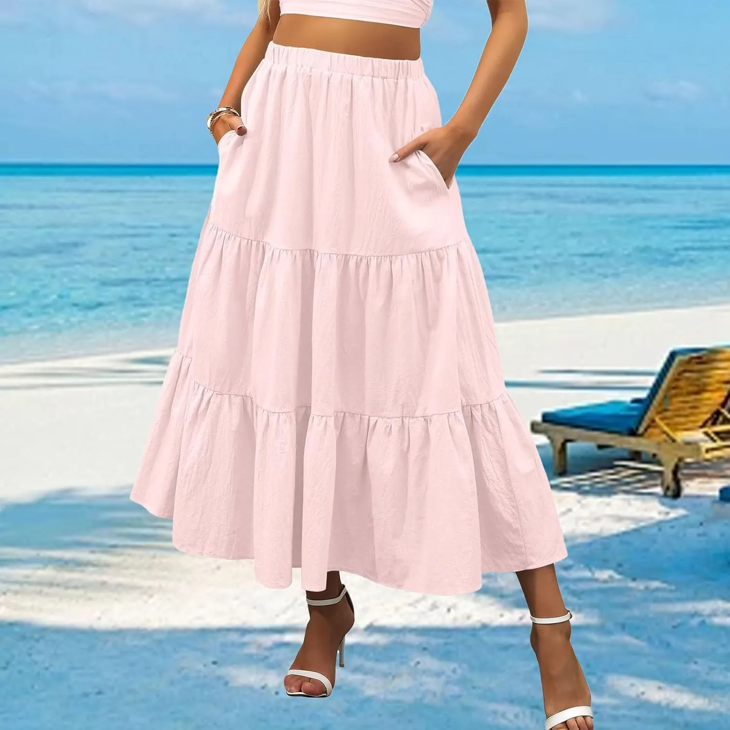 Womens Summer Maxi Skirt High Casual Elastic Waist Flowy Swing Skirts Boho Pleated A-Line Skirt 2025 Fashion