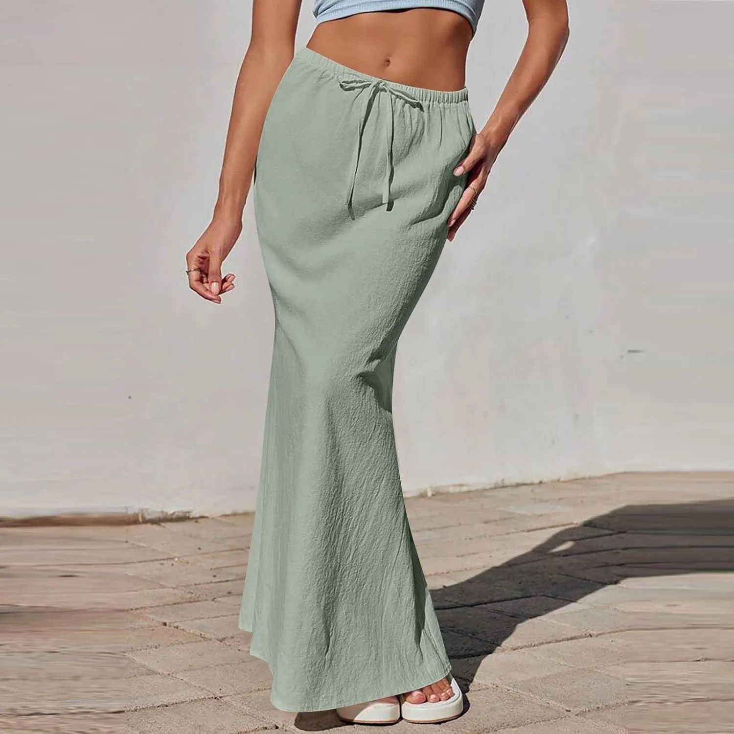 Women's Summer Skirts Linen Maxi Skirts Back Slit Elastic High Waisted A Line Skirt Beach Drawstring Long Skirts