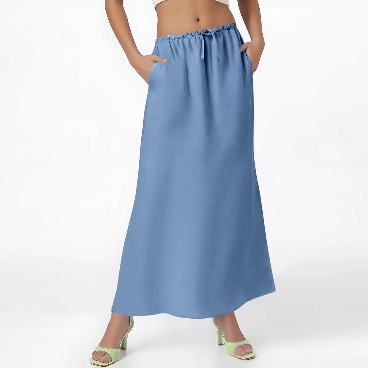 Women's Summer Skirts Linen Maxi Skirts Back Slit Elastic High Waisted A Line Skirt Beach Drawstring Long Skirts